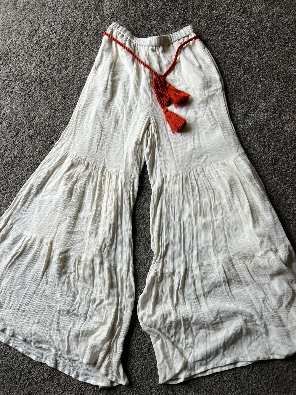 Sundance Off-White Tiered Gauze Wide-Leg Pants with Orange Tassel Belt